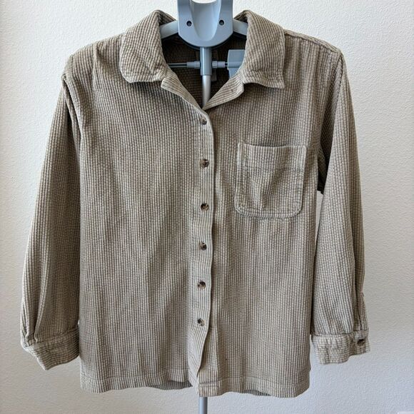 LL Bean Corduroy Shirt Womens Sz LG Beige Brown Shacket Button Up Front Pocket - Picture 1 of 6